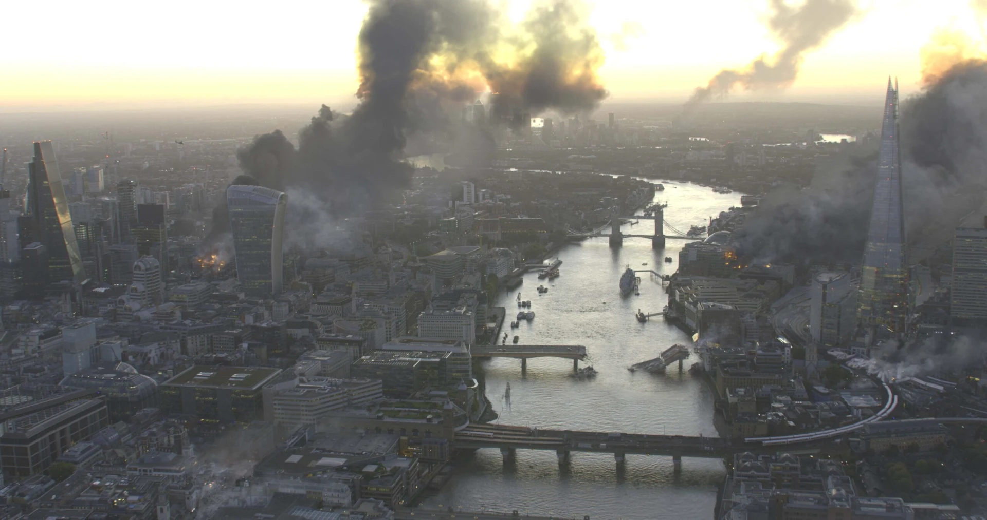 Invasion S01 view of city with damage and smoke from Raynault vfx